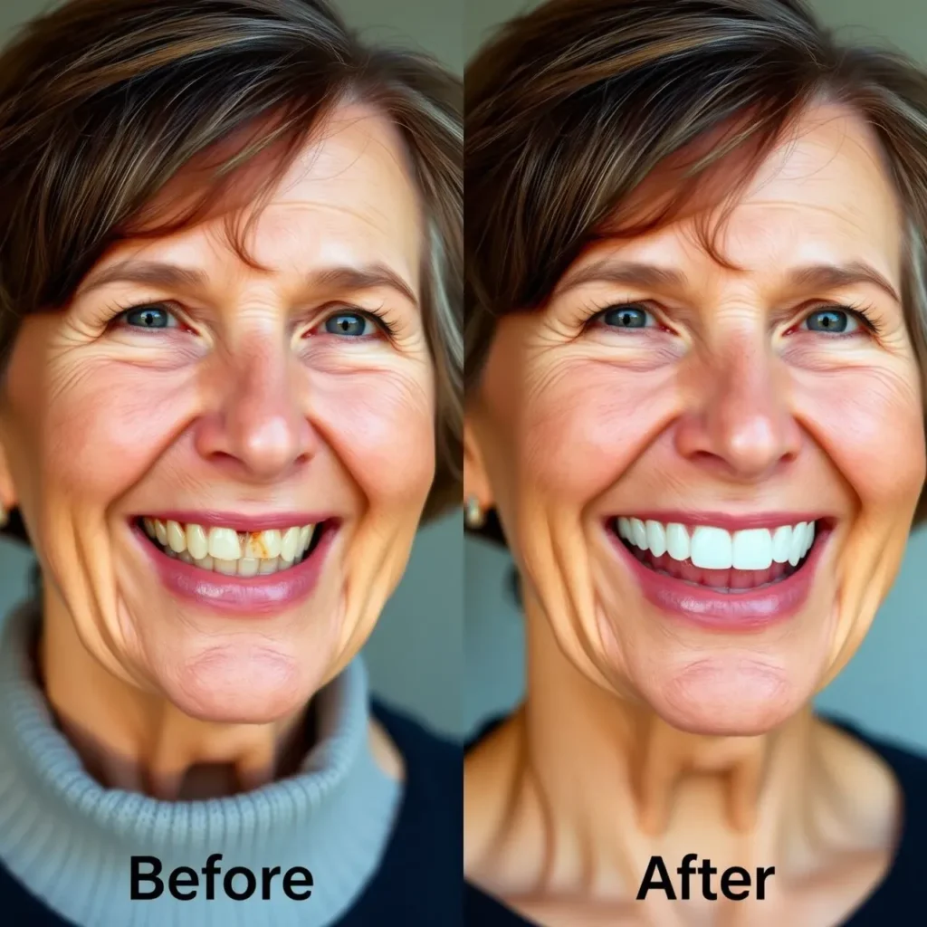 Smile Makeover Story | San Diego Dentist before and after smile makeover photo comparison, realistic and tasteful lighting, confident middle-aged woman smiling, white teeth, dental clinic background